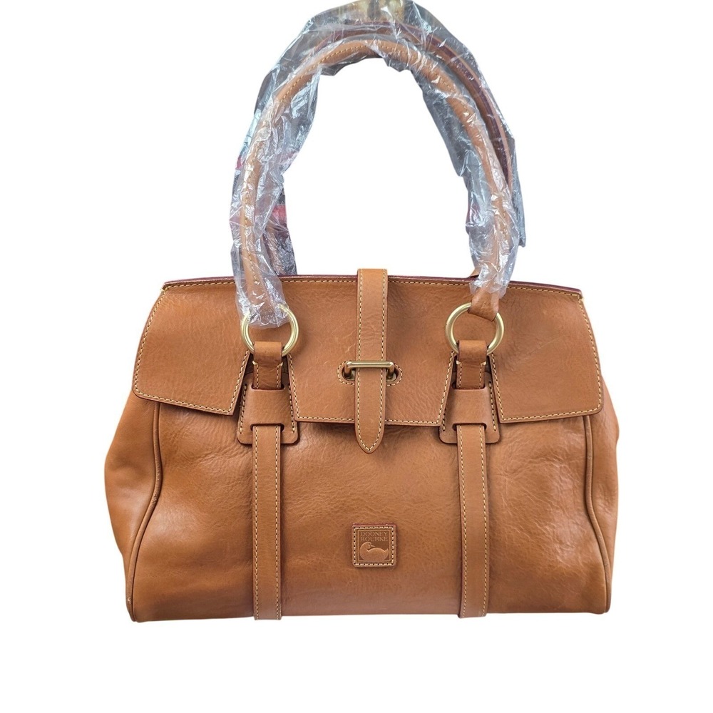 Dooney & Bourke Flap Tab Satchel Large Tan Leather Good Gold Hardware Handbag
